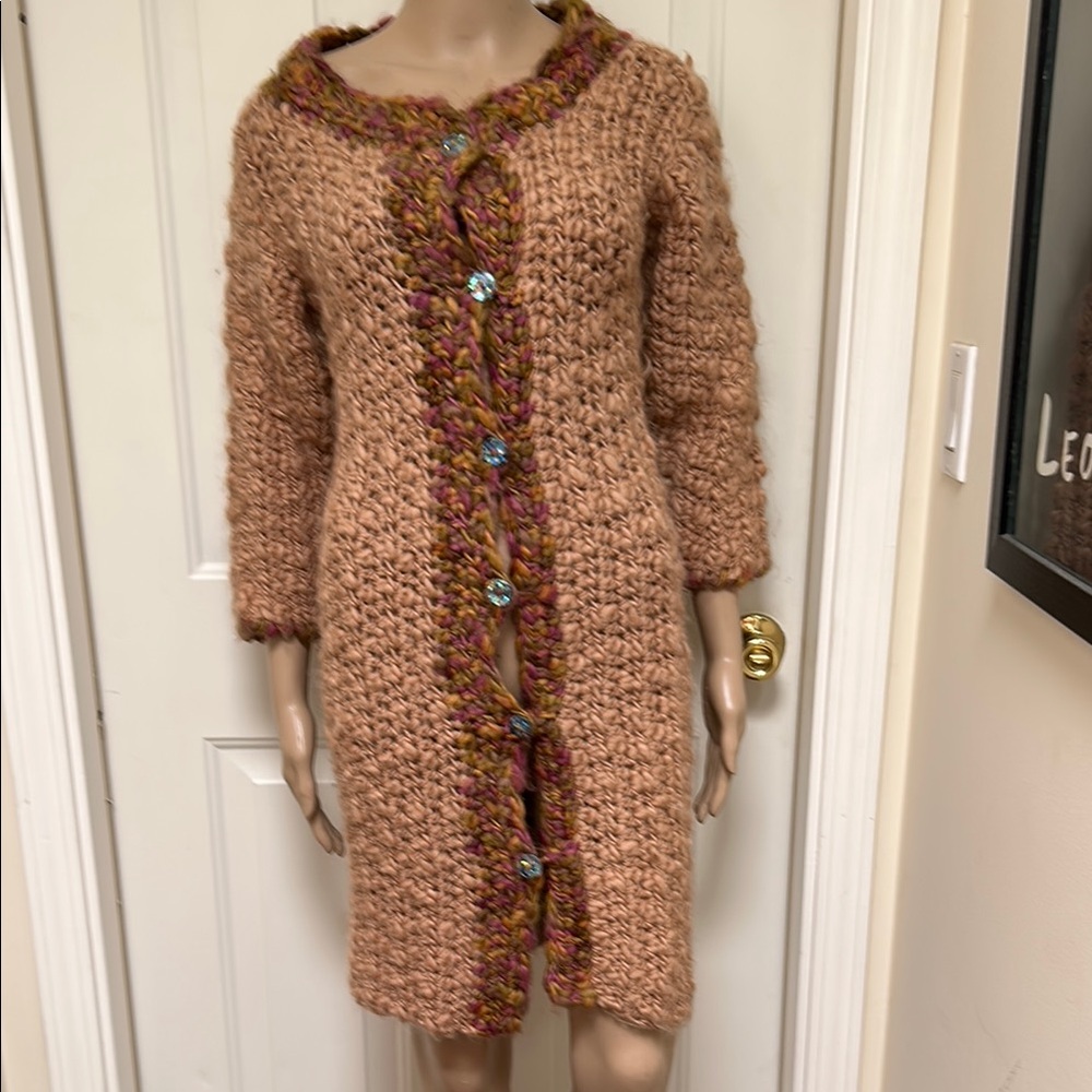 Chunky Knit Cardigan Coat Duster Tan with Green Purple Contrast Bobo Earthy